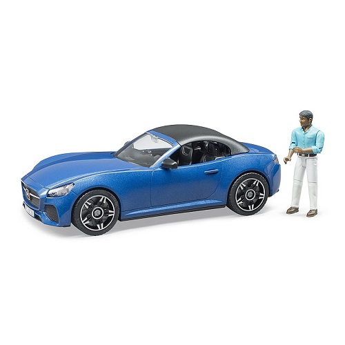 Bruder 03481 voiture de sport Roadster blue avec figurine Le toit du Bruder Roadster est amovible, de sorte que les figurines de jeu Bruder peuvent également être placées dans la voiture. Les roues sont amovibles.