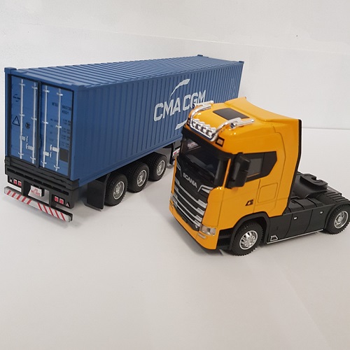 Scania S730 vrachtwagen met CMA CGM container trailer oplegger schaal 1:50 met pullback motor