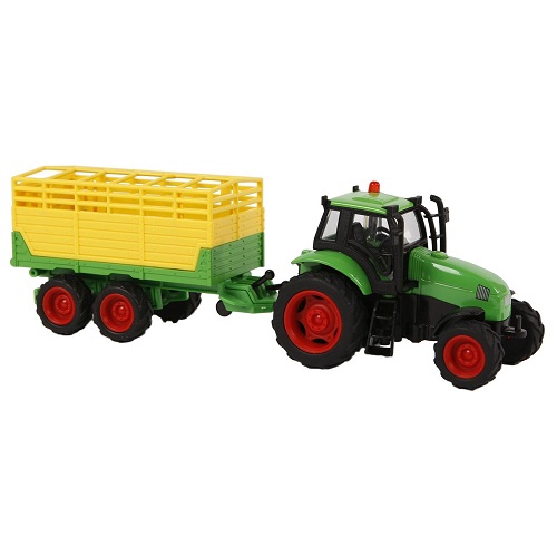 KidsGlobe 510653B Kids Globe 510653 tractor met licht en geluid, frictie-motor en geel groene aanhanger
