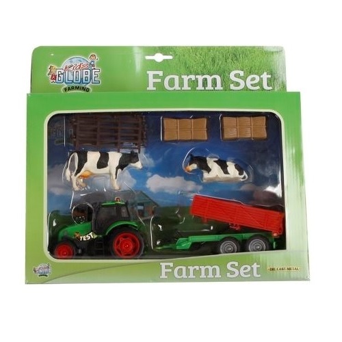 KidsGlobe 510727 Boerderijset met tractor & aanhanger, koeien, hekjes en twee balen