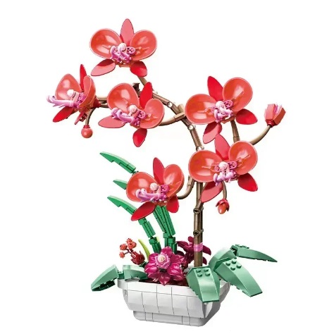 Bruder 31401 bouwblokjes rode orchidee in pot, 581 steentjes, compatible met Lego