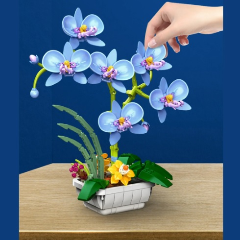 Bruder 31402 bouwblokjes blauwe orchidee in pot, 581 steentjes, compatible met Lego