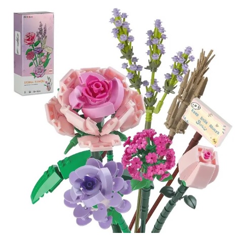bouwblokjes Bloemenboeket Mini roze roos lavendel, vergelijkbaar met Lego, 547 steentjes