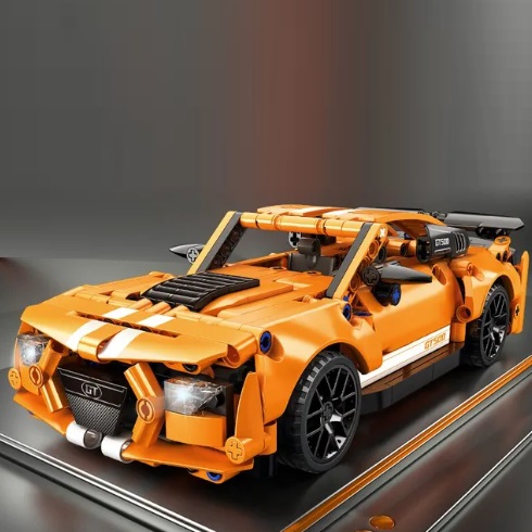 Bruder 67118 Bouwblokjes oranje sportauto, met pull-back motor, 451 steentjes, compatible met LEGO